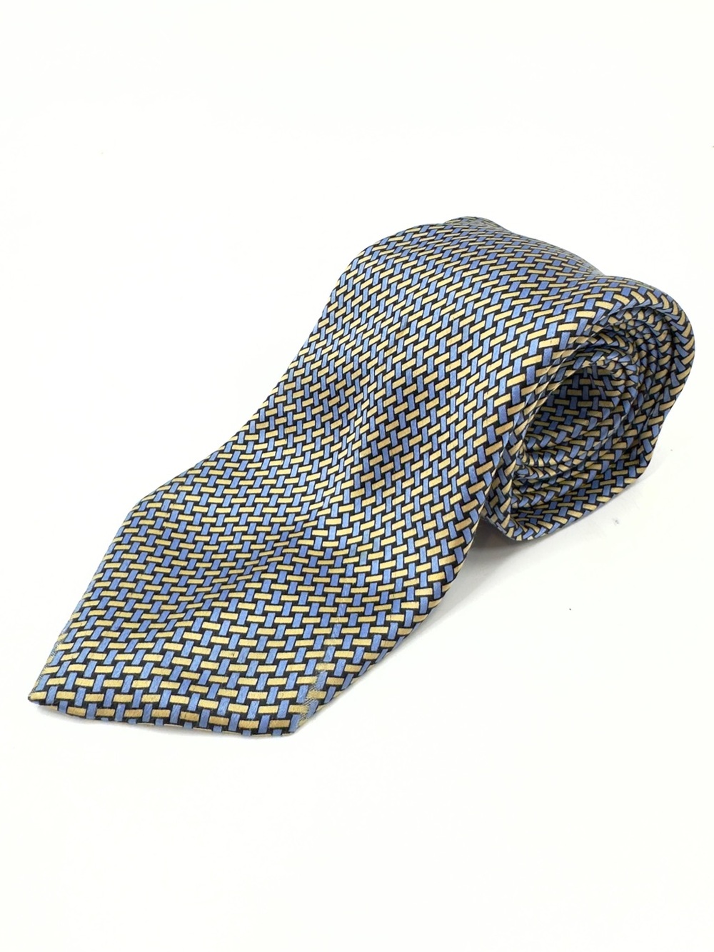 Bottega Veneta Silk Tie Geometric Woven Pattern Blue Yellow Designer Italy